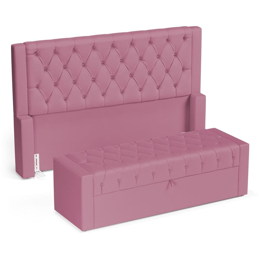Cabeceira e Calçadeira Báu King Size Atena 195cm Capitonê Suede Rosa - Desk Design
