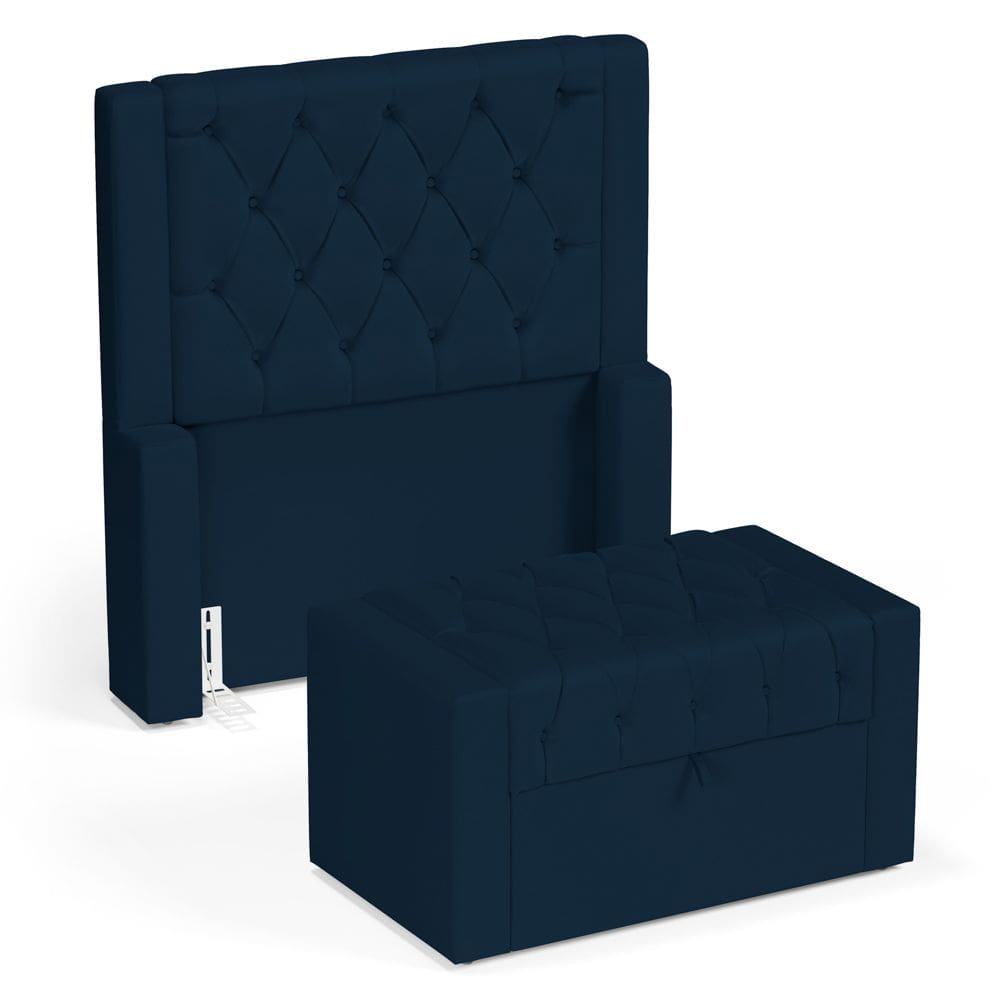 Cabeceira e Calçadeira Báu Solteiro Atena 90cm Capitonê Veludo Azul Marinho - Desk Design