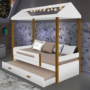 Cama Casa Sara Branco/mel Com Cama Auxiliar 2 Colchões e Led
