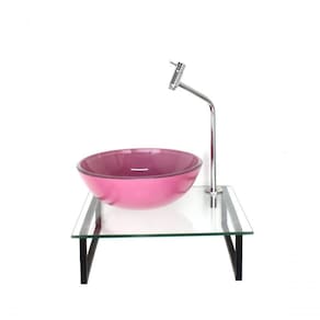 Kit Cuba De Vidro Redonda 10mm Rosa Com Tampo 40cm Incolor E Suporte Preto