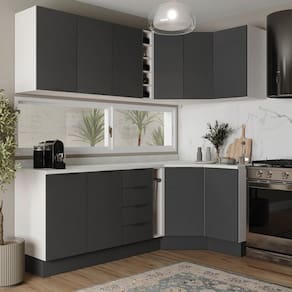 Cozinha Modulada 8 Peças com Tampo com Rodapé 4 Aéreos e 4 Balcões Ipanema Cabecasa Madeiramadeira Grafite Trama