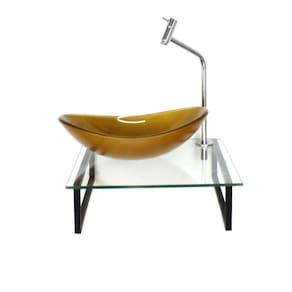 Kit Cuba De Vidro Oval 10mm Dourado Real Tampo 40cm Incolor Com Suporte Torneira Valvula