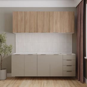 Cozinha Modulada 4 Peças sem Tampo sem Rodapé 2 Aéreos e 2 Balcões Ipanema Cabecasa Madeiramadeira Cinza Trama/ Acácia