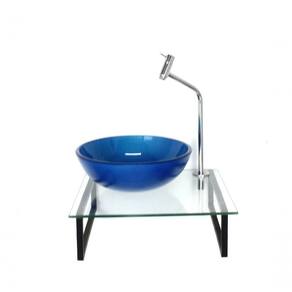Kit Cuba De Vidro Redonda 10mm Azul Escuro Tampo 40cm Incolor Com Suporte Torneira Valvula
