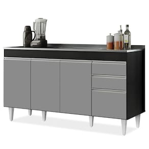 Balcão Gabinete com Pia Inox 150cm Marrocos Preto/Cinza - Lumil