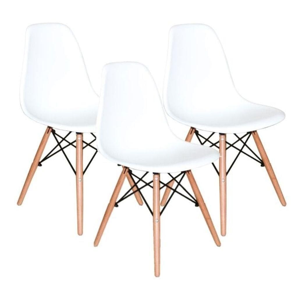 Kit C| 3 Cadeira Charles Eames Wood Dsw Branca Base Madeira