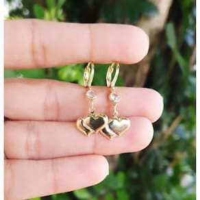 Brinco Argolinha Dois Coração Com Strass Folheado A Ouro 18K