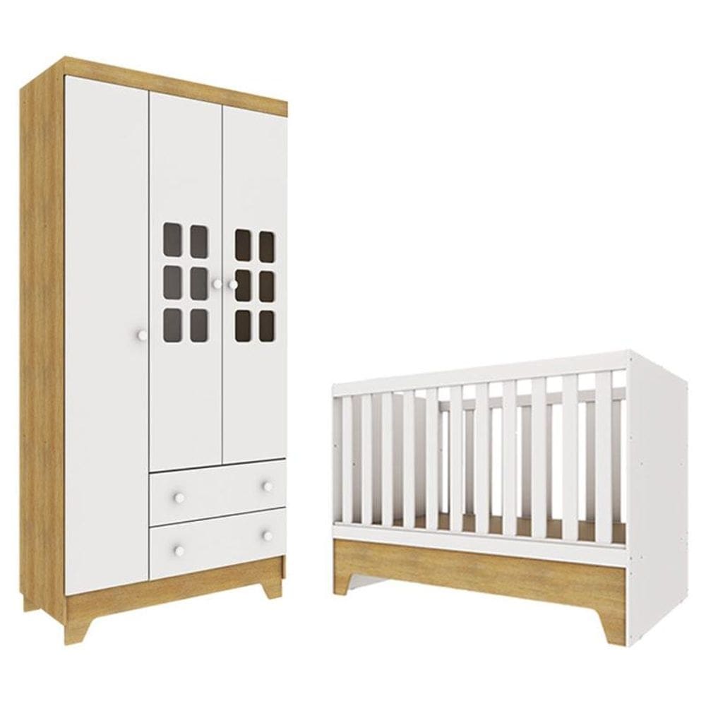 Berço Americano Mini Cama com Guarda Roupa Infantil Malu Branco Acetinado Bétula - Carolina
