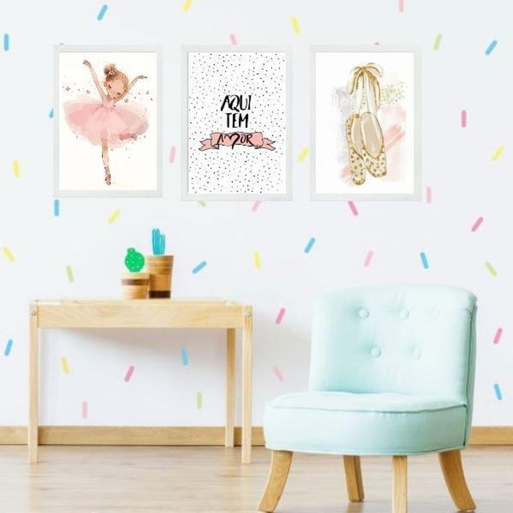 Kit 3 Quadros Infantis Bailarina - Amor 33X24Cm - Com Vidro