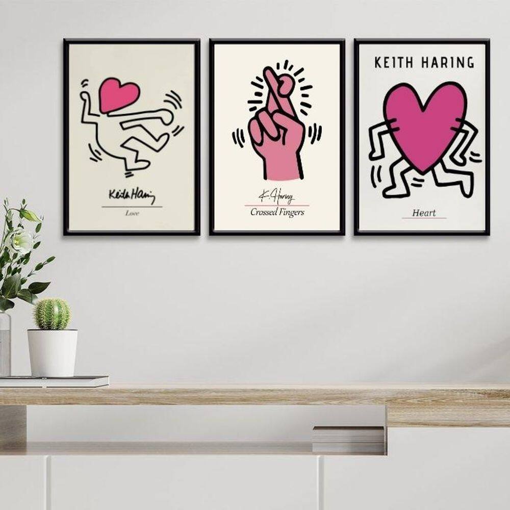 Kit 3 Quadros Keith Haring - Sorte No Amor 33X24Cm - Vidro