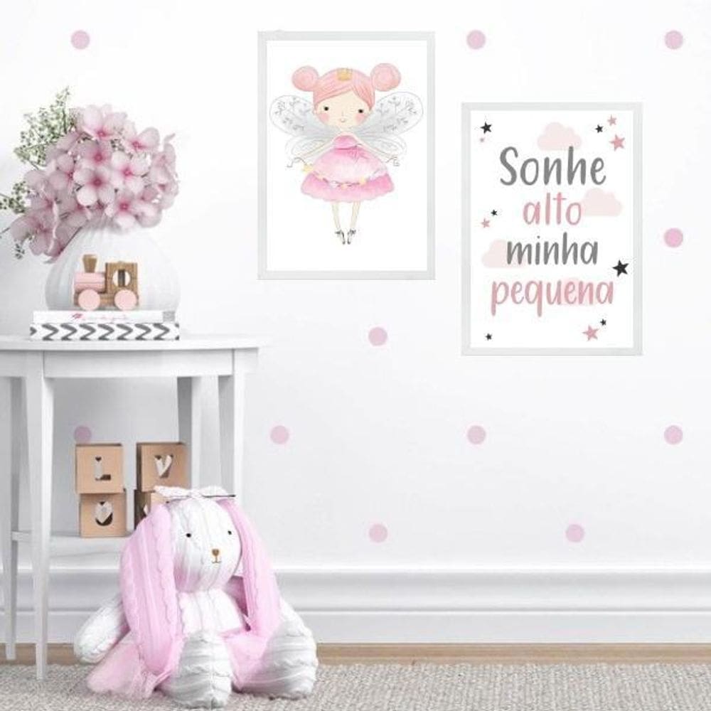 Kit 2 Quadros Infantis Fadinha- Sonhe Alto 24X18Cm - Vidro