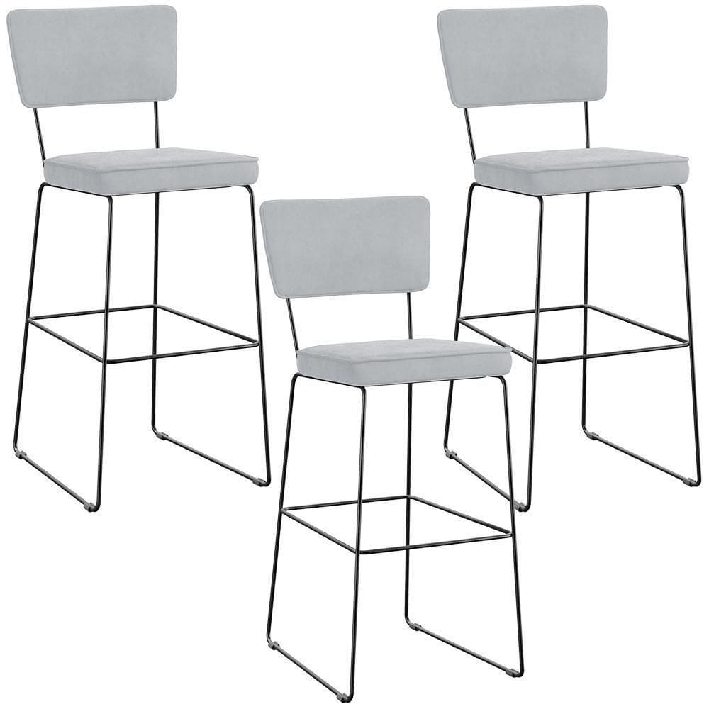 Kit 03 Banquetas Alta Para Cozinha Sala De Jantar Base Em Aço Allana L02 Suede Cinza