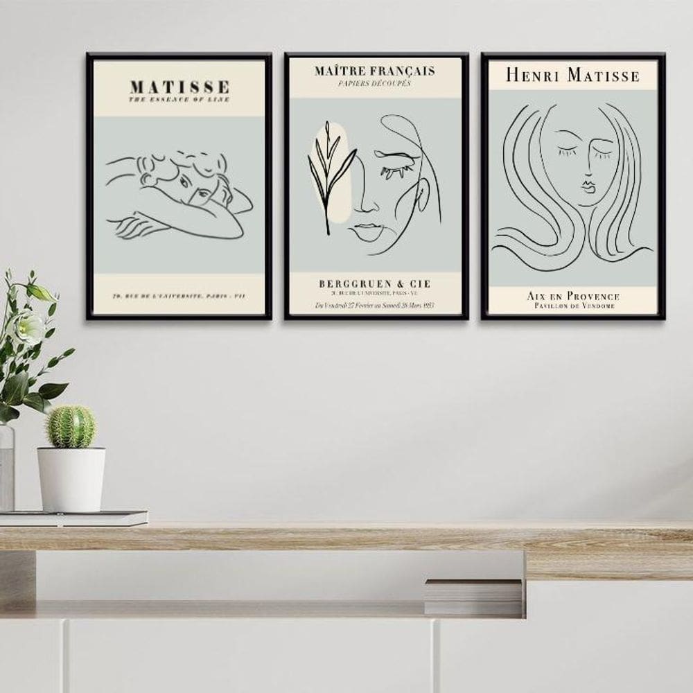 Kit 3 Quadros Mulheres Matisse - Azul Claro 33X24Cm - Vidro