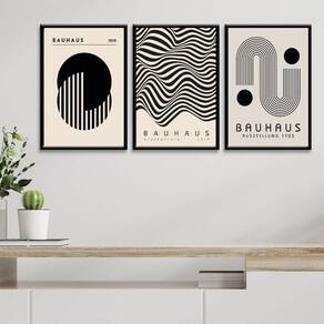 Kit 3 Quadros Arte Bauhaus - Preto E Branco 45X34Cm