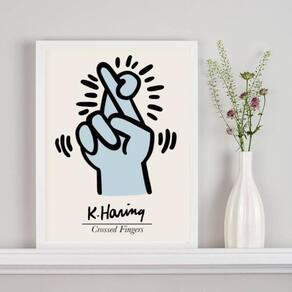 Quadro Keith Haring Crossed Fingers - Azul 33X24Cm - Vidro
