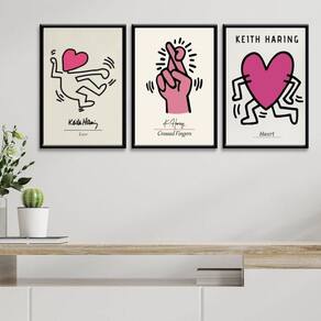 Kit 3 Quadros Keith Haring - Sorte No Amor 45X34Cm - Vidro