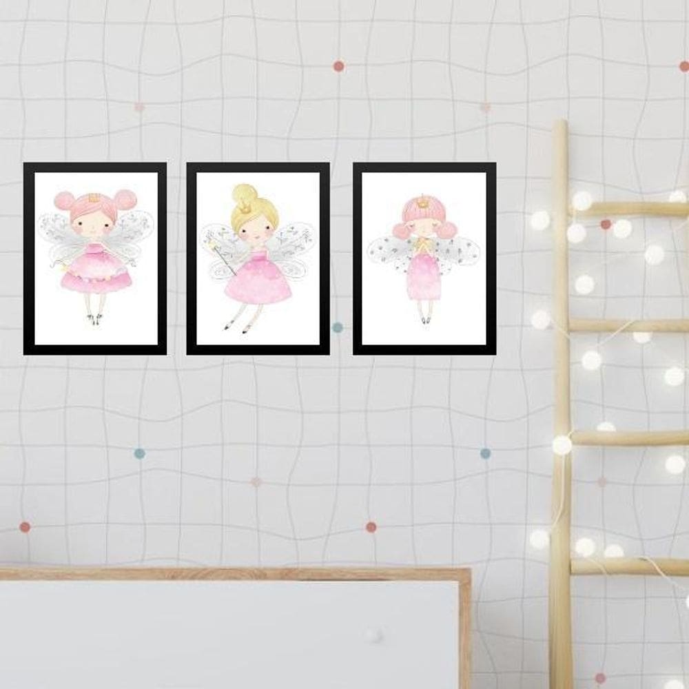 Kit 3 Quadros Infantis Fadinhas Princesas 33X24Cm - Vidro