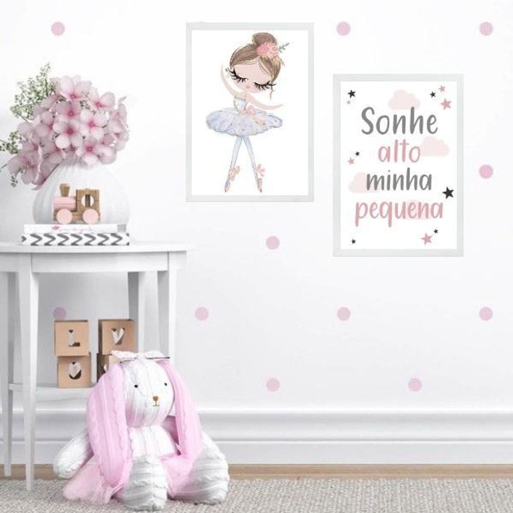 Kit 2 Quadros Menina Bailarina - Sonhe Alto 45X34Cm - Vidro
