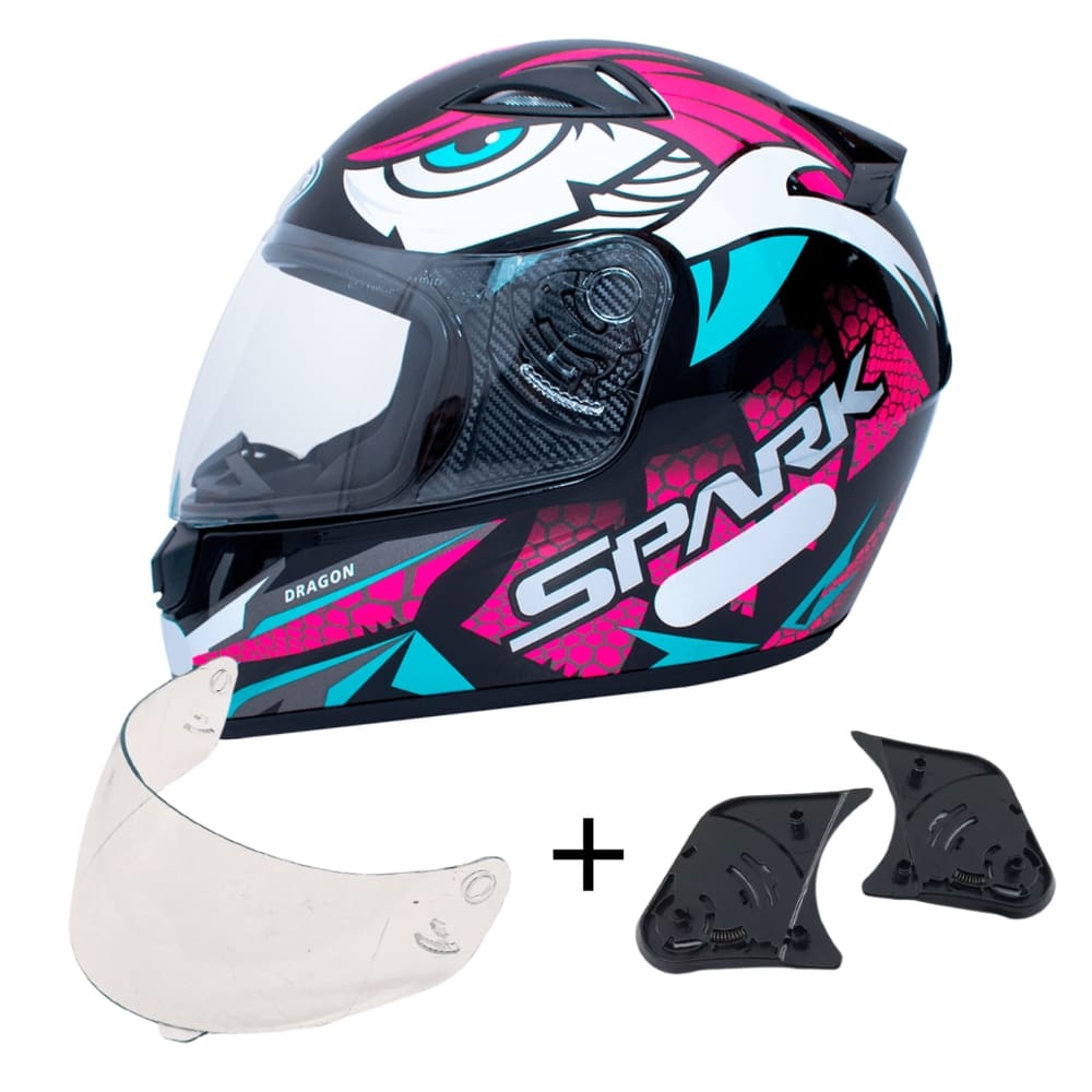 Capacete Ebf Spark Dragon Preto Rosa Mais Viseira Cristal e Reparo