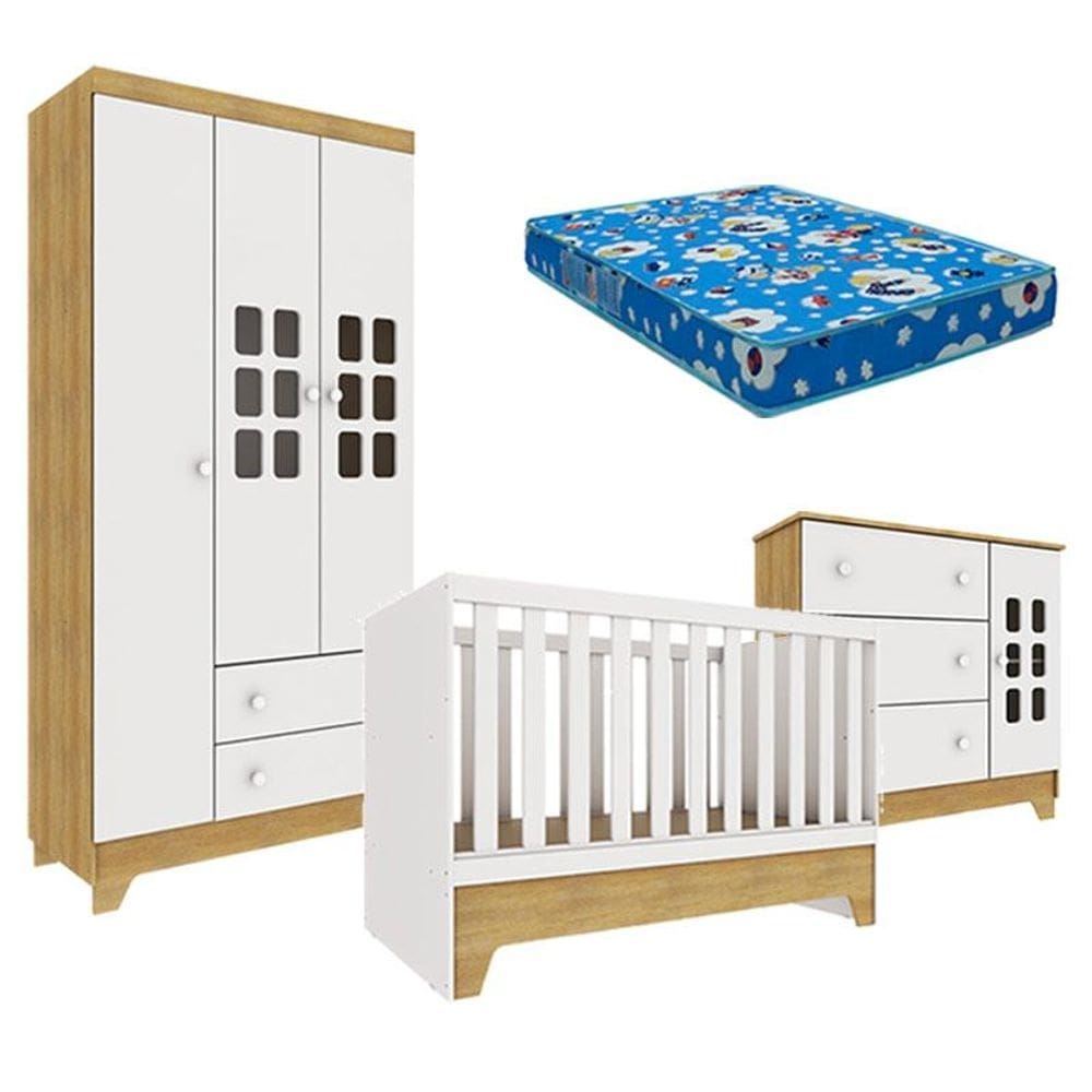 Quarto de Bebê Malu Branco Acetinado Bétula com Colchão Ortobom - Carolina