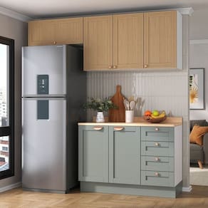Cozinha Modulada 3 Peças com Tampo 2 Aéreos 1 Balcão Arizona Cabecasa Madeiramadeira Figueira/Menta