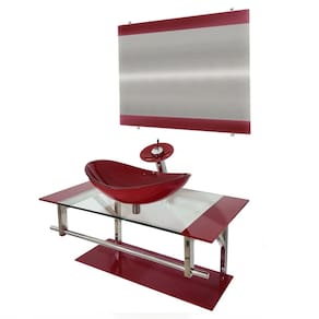 Gabinete de Vidro 80cm Inox com Cuba Oval Vermelho Cereja