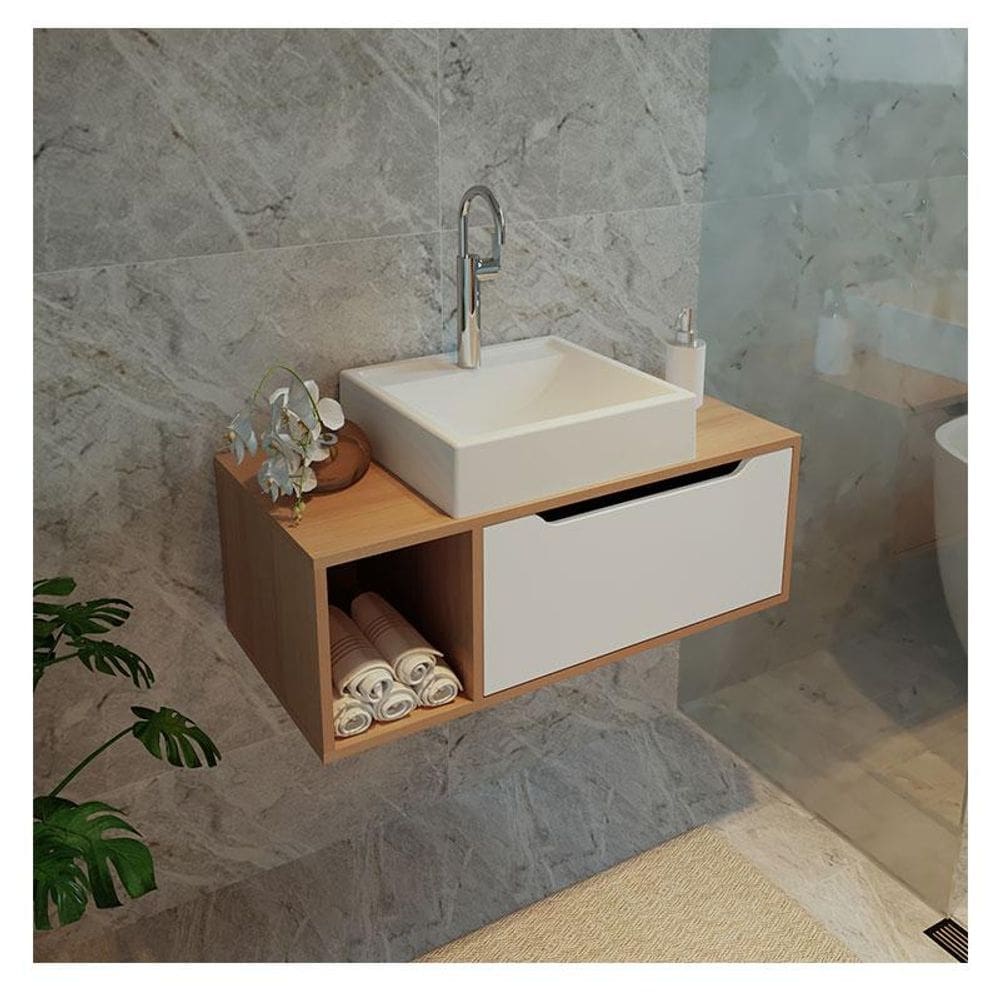 Balcão Gabinete para Banheiro Suspenso Ambiente BN3644 Amêndoa Branco - Tecnomobili