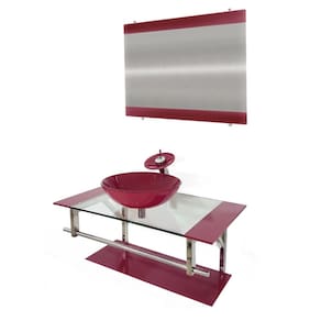 Gabinete de Vidro 90cm Inox com Cuba Redonda Vermelho Cereja