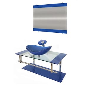 Gabinete de Vidro 90cm Inox com Cuba Oval Azul Escuro