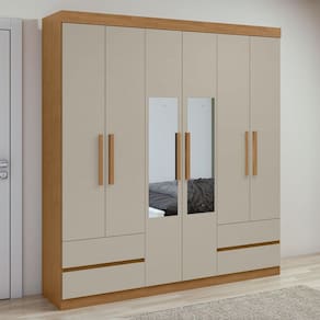 Guarda-Roupa Casal Zeus 6 Portas 4 Gavetas com Espelho Amêndoa Clean/Off White 59617.354 - Móveis Lopas