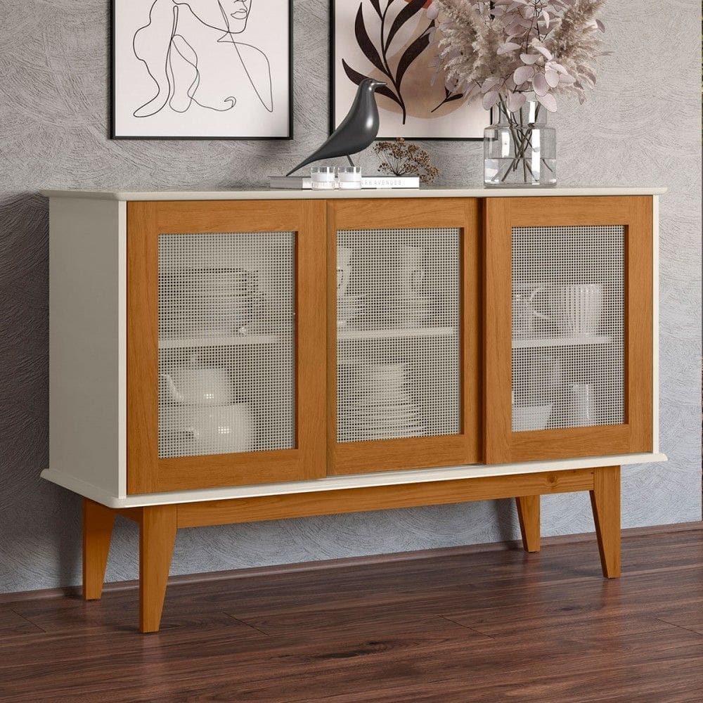 Balcão Buffet Detroit 3 Portas 3 Prateleiras Off White/Nature - Tebarrot