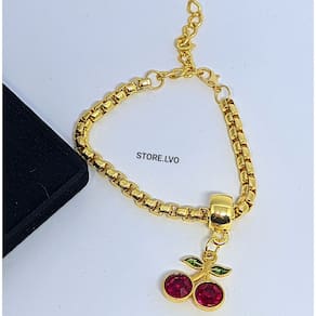 Pulseira Feminino Elos Corrente Malha Grossa Veneziana Folheado Ouro Pingente Cereja Cravejado Luxo Lançamento Moda