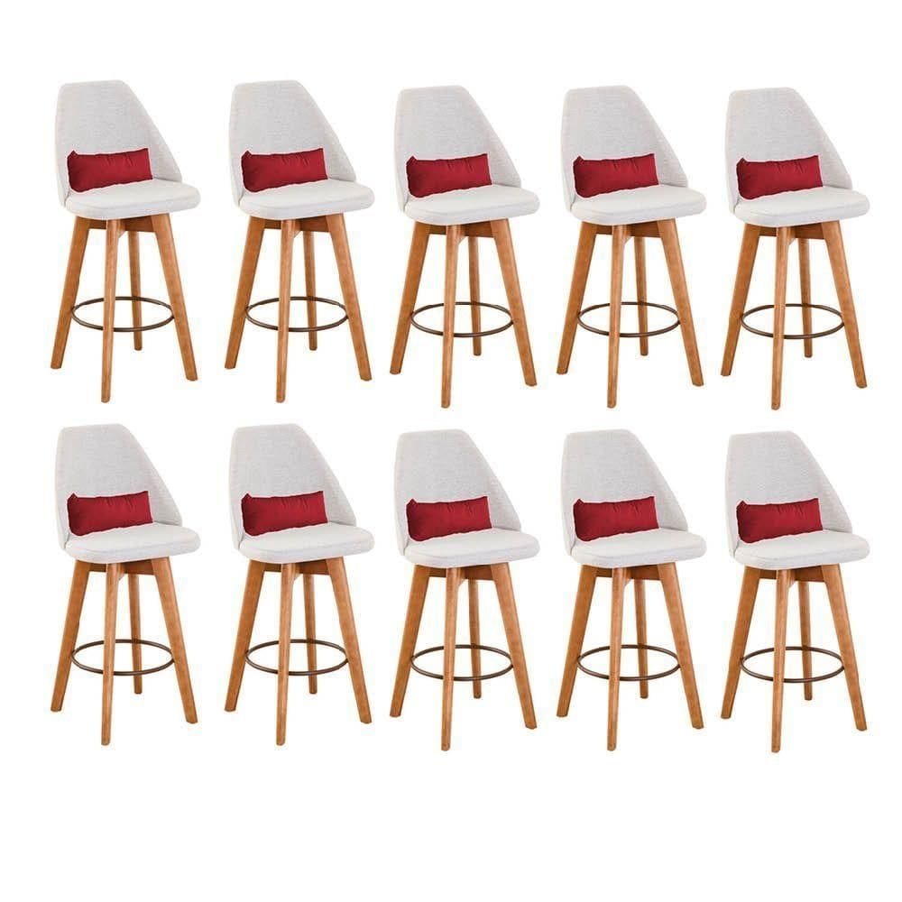 Kit 10 Banquetas Linho Bege E Almofada Sintético Vermelho