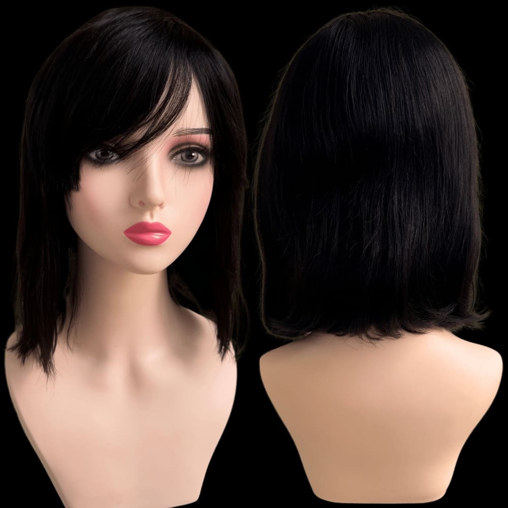 Peruca Cabelo Humano Curta Preto Franja Chanel Lisa 30cm