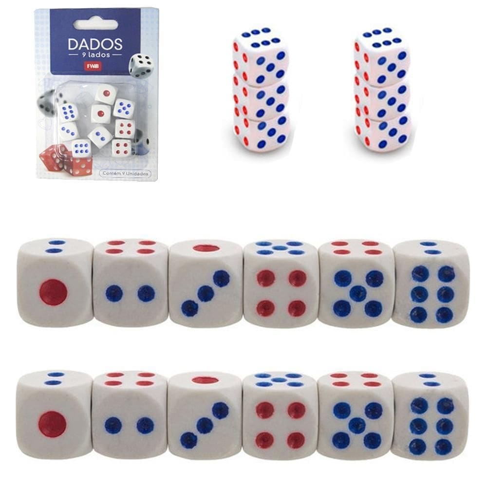 Jogo de dados com 9 pecas 1,4cm na cartela