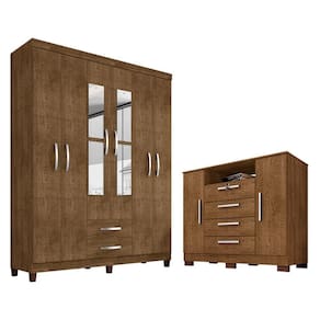 Kit Guarda Roupa Casal 6 Portas 2 Gavetas Com Espelho E Cômoda Rack 2 Portas 4 Gavetas Malbec