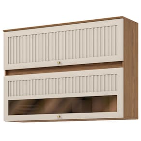 Armário Aéreo 2 Portas Basculantes Ripado com Vidro 120 cm Requinte Nature Areia Hp - Henn