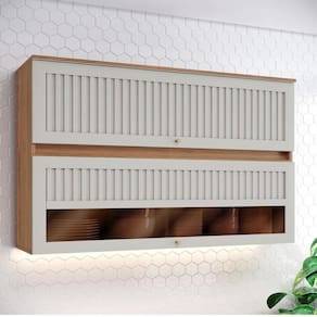 Armário Aéreo 2 Portas Basculantes Ripado com Vidro 120 cm Ambiente Requinte Nature Areia Hp - Henn