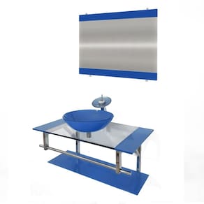 Gabinete de Vidro 90cm Inox com Cuba Redonda Azul Escuro