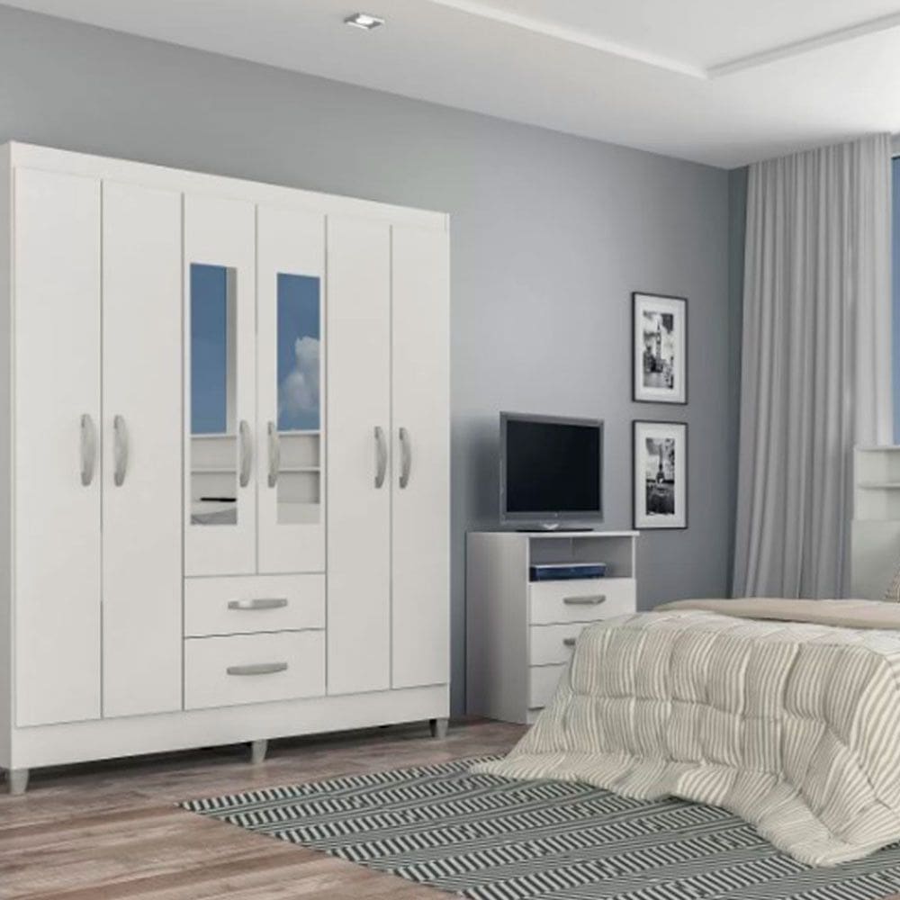 Guarda Roupa Casal Real 6 Portas 2 Gavetas com Espelho Barcellona