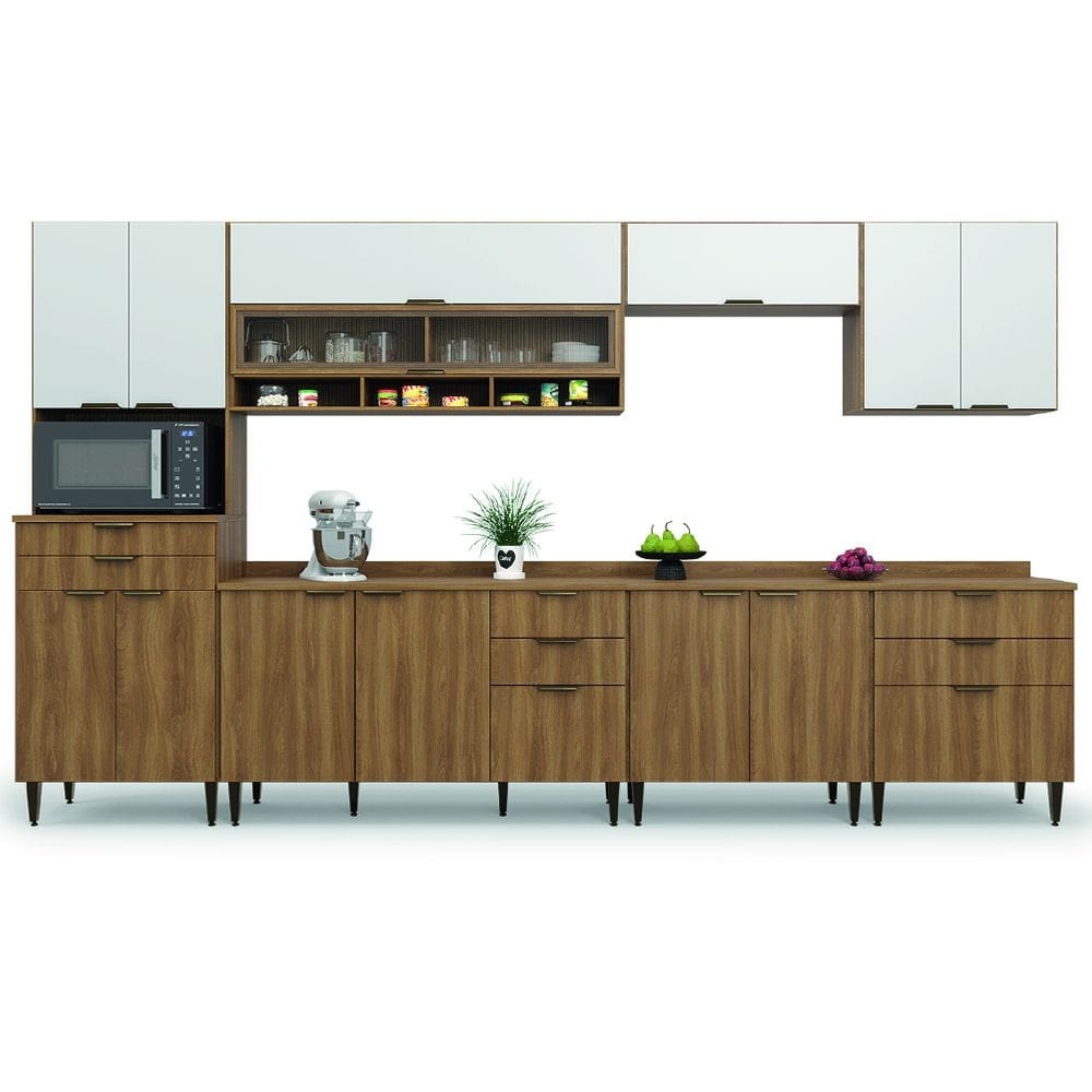 Armário de Cozinha Completa Com Balcão Nicho Para Micro Ondas 13 Portas 8 Gavetas Paris Nogal/Branco Batrol