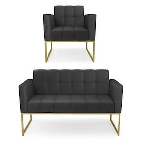 Kit 1 Sofá Namoradeira E 1 Poltrona Elisa Corino Base Metálica Industrial Dourado - D`rossi Cor Preto