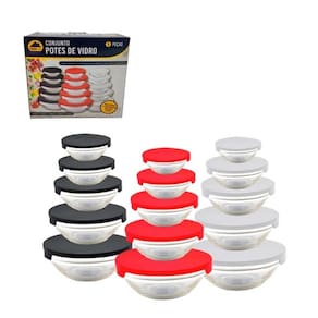 Conjunto de 5 potes vidro redondo com tampa trava mantimento