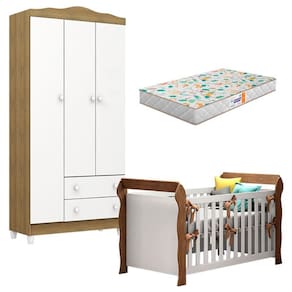 Berço Americano Lara e Guarda Roupa Infantil Mel Flat 3 Portas Branco Acetinado Amadeirado com Colchão Gazin - Carolina