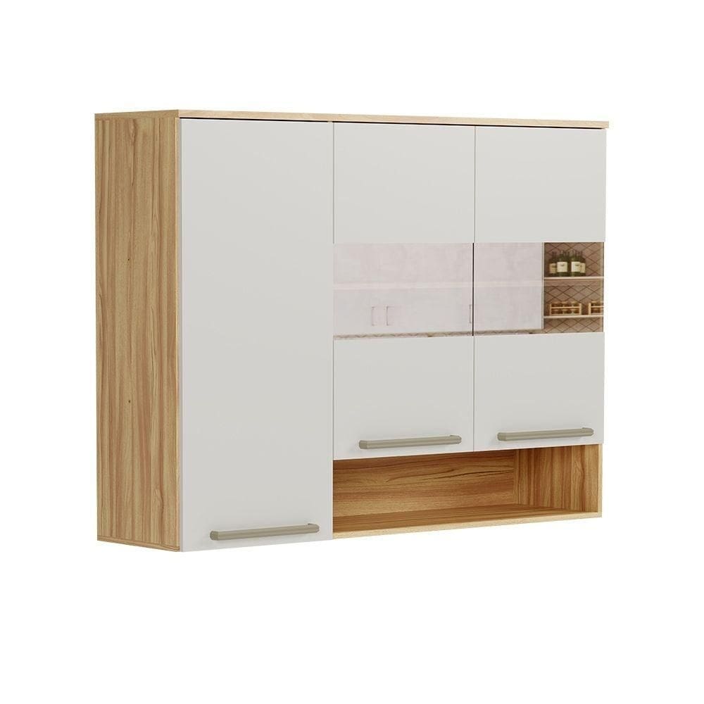 Armário Aéreo De Cozinha 3 Portas E Vidro Reflecta 100% Mdf Napoli Prime Rio Doce Amendoa/Offwhite