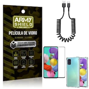 Cabo espiral samsung a51+capinha anti impacto+película 3d