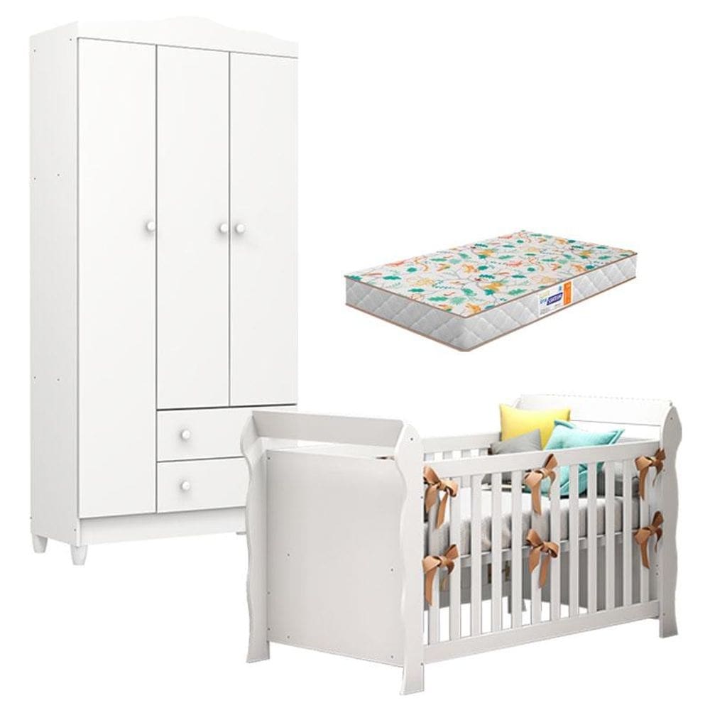 Berço Americano Lara e Guarda Roupa Infantil Mel Flat 3 Portas Branco Brilho com Colchão Gazin - Carolina