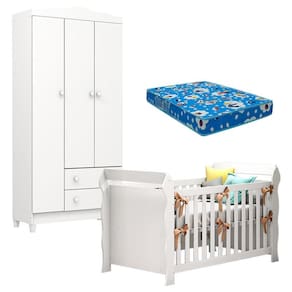 Berço Americano Lara e Guarda Roupa Infantil Mel Flat 3 Portas Branco Brilho com Colchão Ortobom - Carolina