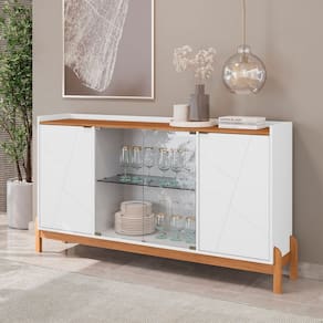 Balcão Buffet Bari 4 Portas 3 Prateleiras com Vidro Branco/Cedro - Casa D