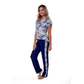 Pijama Feminino Adulto Calca Comprida e Manga Curta Visco